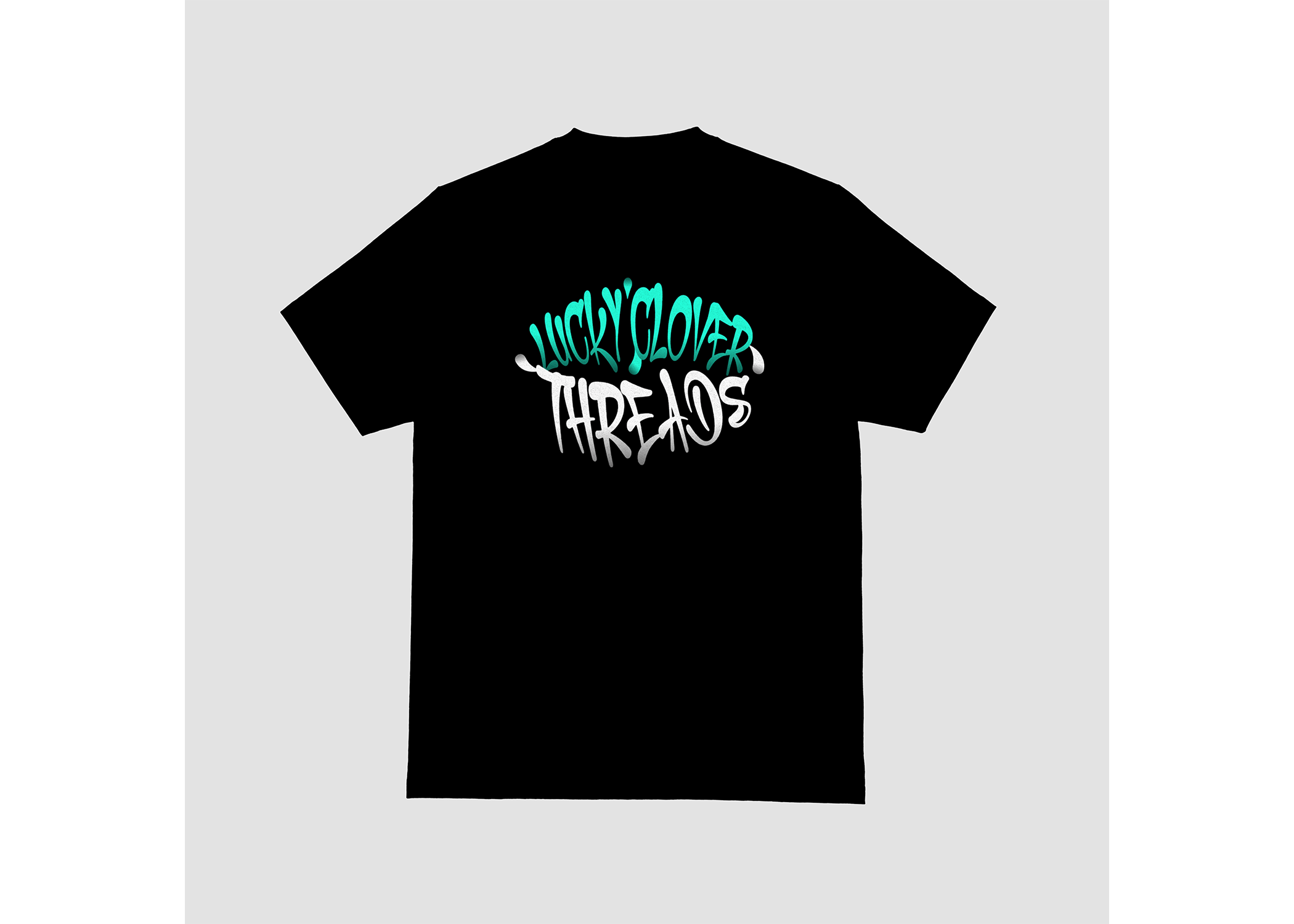 Black t-shirt with colorful text design on a light gray background