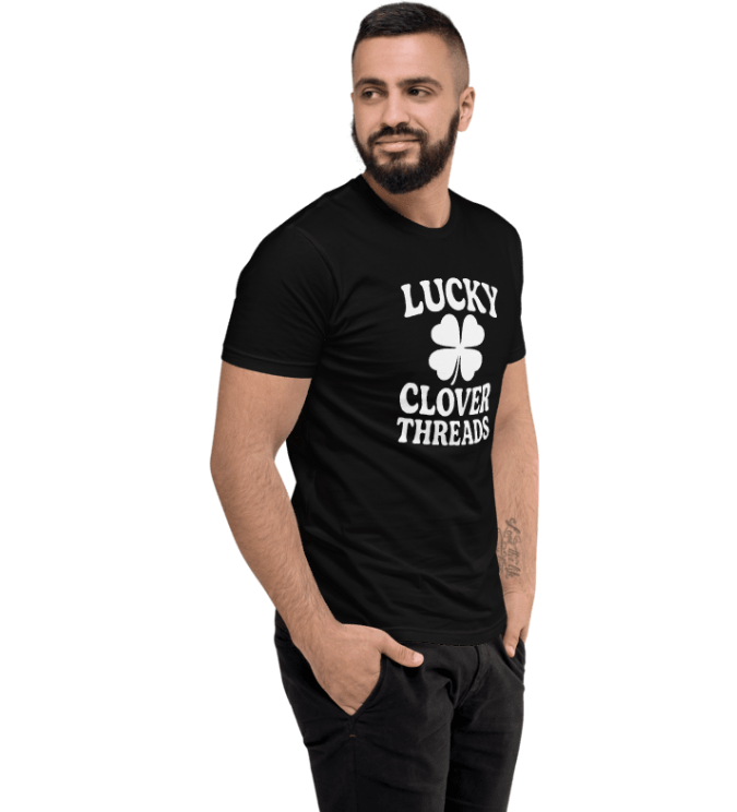Man wearing a black t-shirt with 'Lucky Clover Threads' text and clover design on a white background