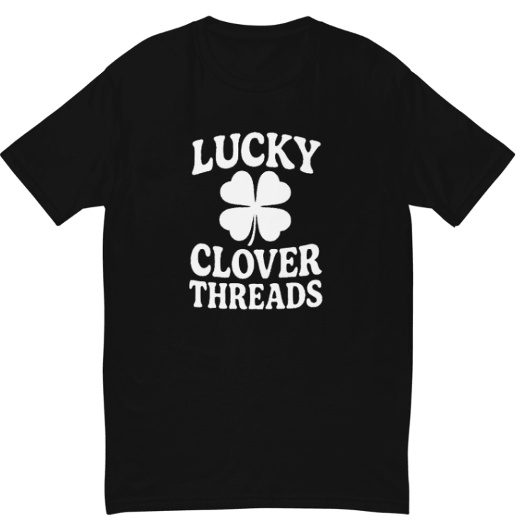 Black t-shirt with 'Lucky Clover Threads' text and clover design on a white background
