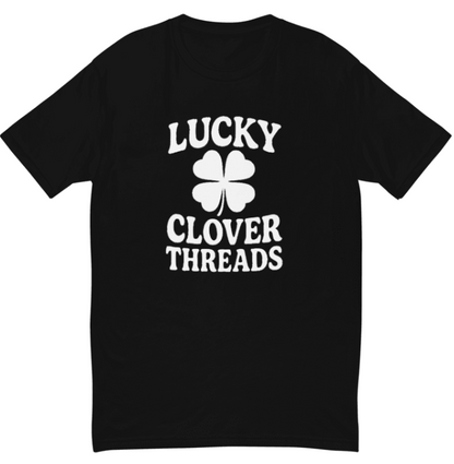 Black t-shirt with 'Lucky Clover Threads' text and clover design on a white background