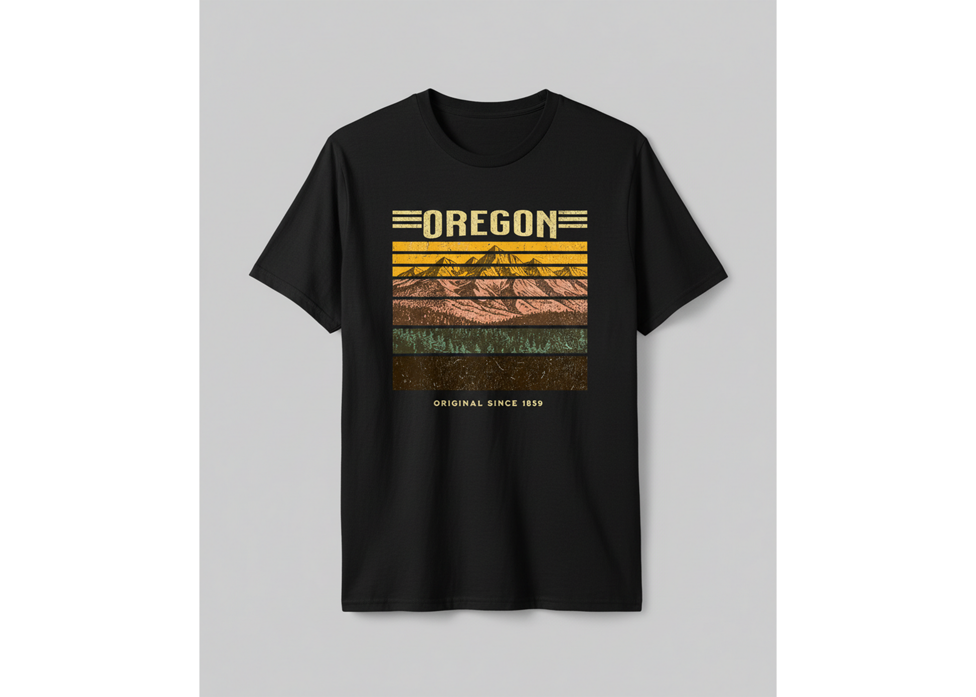 Black t-shirt with 'OREGON' graphic design on a gray background