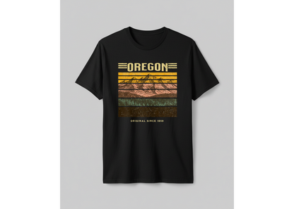 Black t-shirt with 'OREGON' graphic design on a gray background
