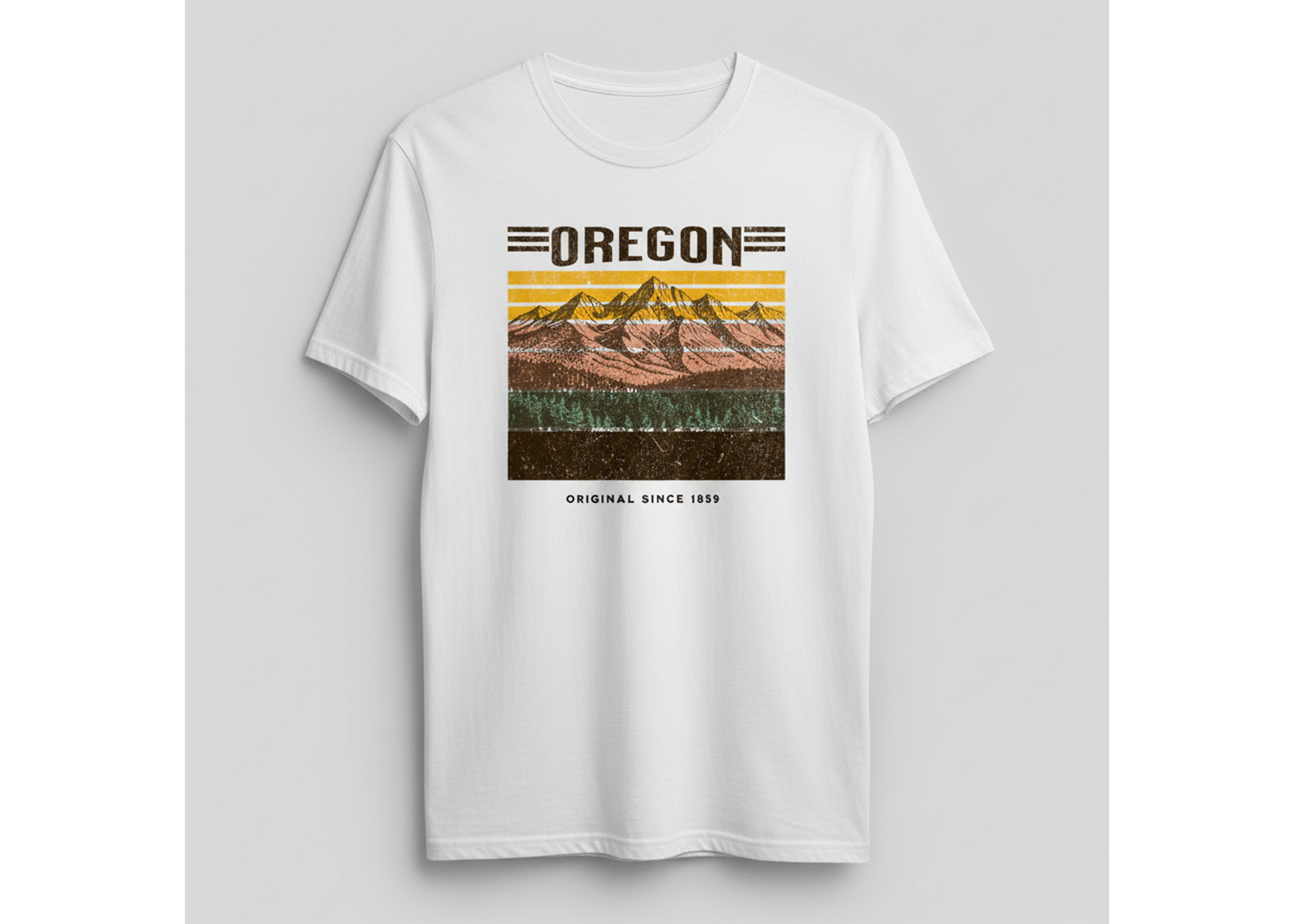 White t-shirt with 'Oregon' graphic design on a gray background