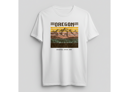 White t-shirt with 'Oregon' graphic design on a gray background
