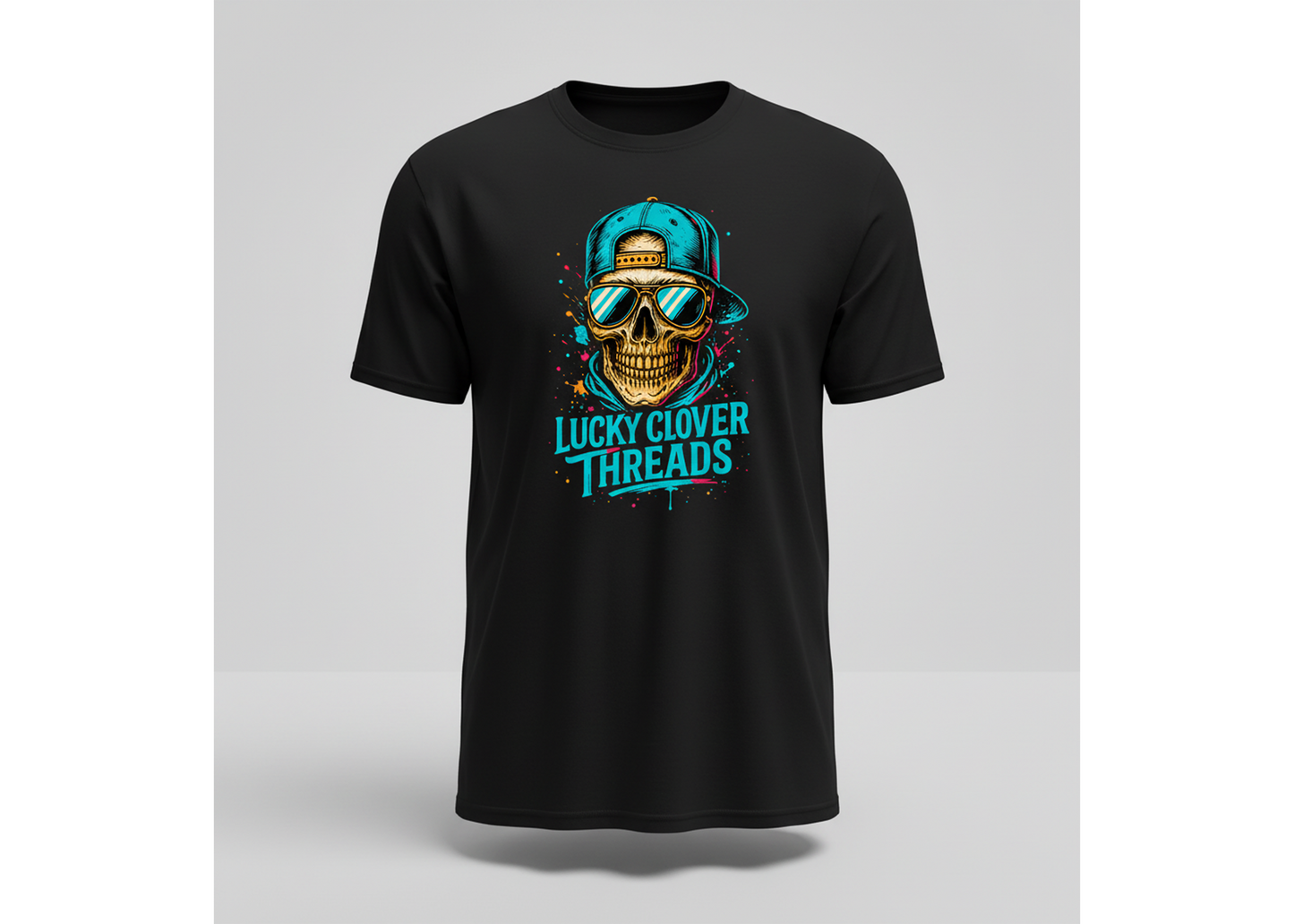 Black t-shirt with a colorful graphic design on a gray background