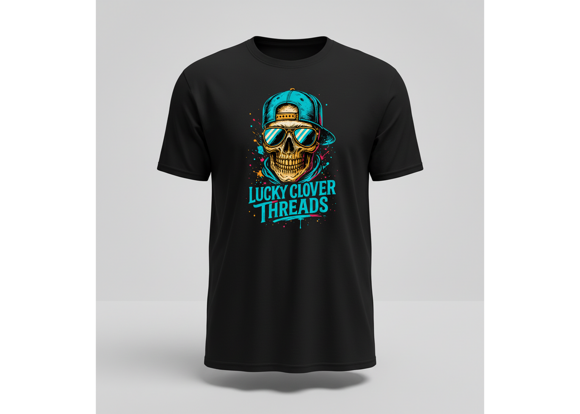 Black t-shirt with a colorful graphic design on a gray background