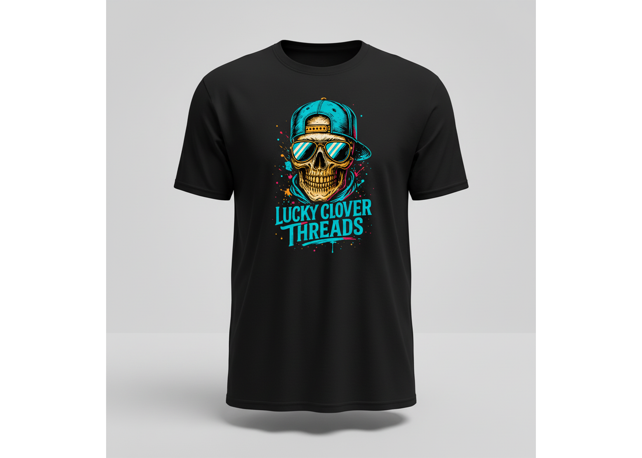 Black t-shirt with a colorful graphic design on a gray background