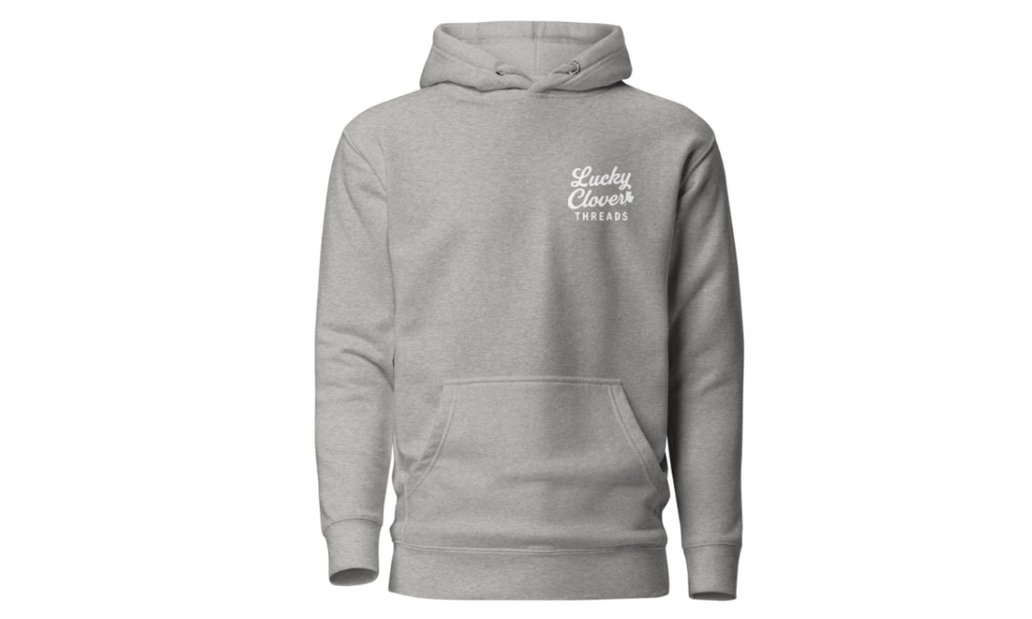 Gray hoodie with a logo on the chest against a white background