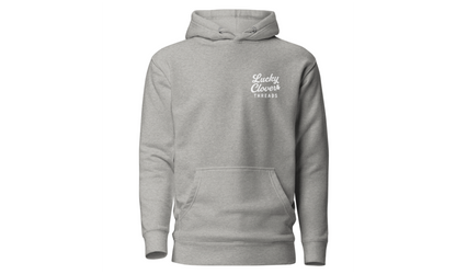 Gray hoodie with a logo on the chest against a white background