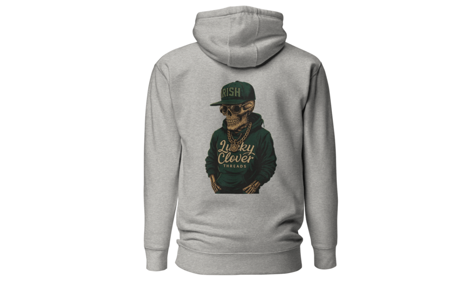 Gray hoodie with a graphic design on the back against a white background