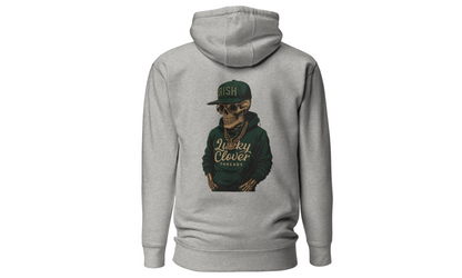 Gray hoodie with a graphic design on the back against a white background