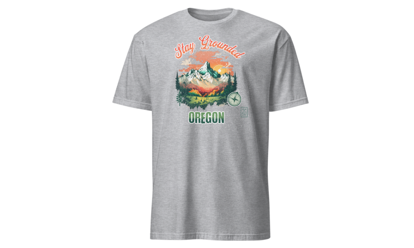 Gray t-shirt with 'Stay Grounded Oregon' graphic design on a white background