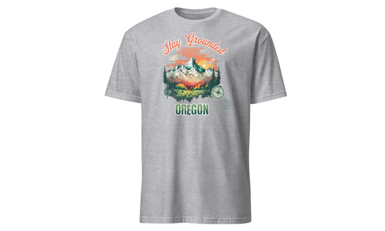 Gray t-shirt with 'Stay Grounded Oregon' graphic design on a white background