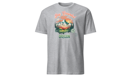 Gray t-shirt with 'Stay Grounded Oregon' graphic design on a white background