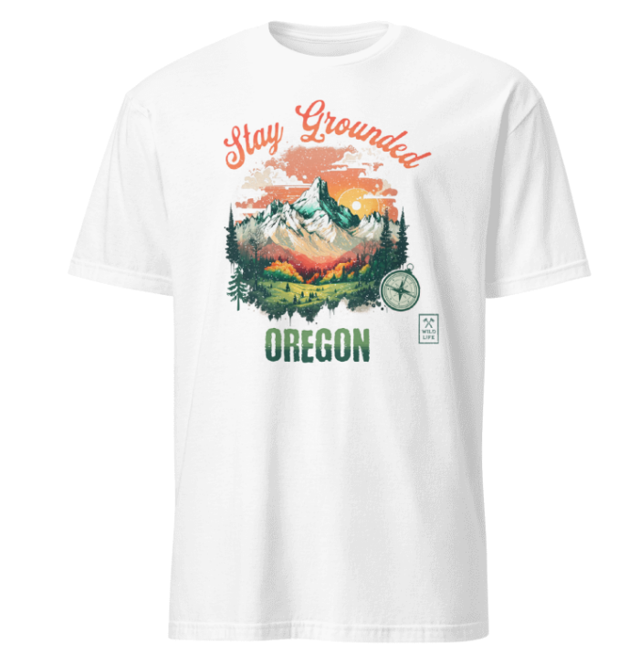White t-shirt with mountain graphic and 'Stay Grounded Oregon' text on a white background