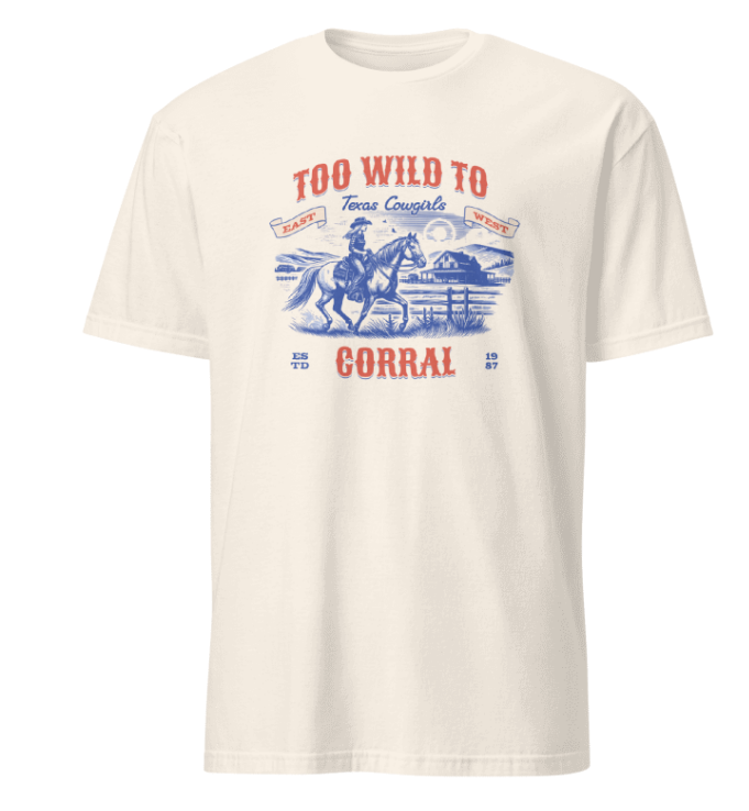 White t-shirt with a graphic design featuring a cowboy on a horse and text on a white background