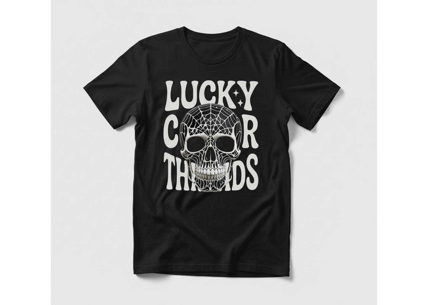 Black t-shirt with white graphic design and text on a light gray background