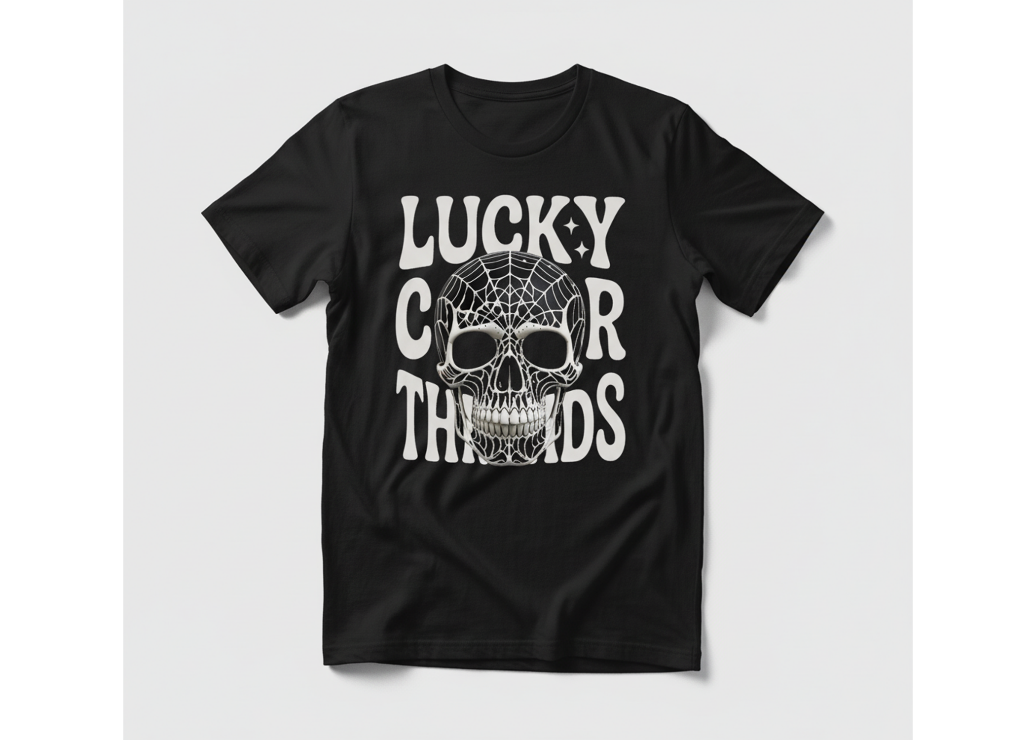 Black t-shirt with white graphic design and text on a light gray background