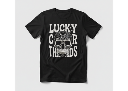 Black t-shirt with white graphic design and text on a light gray background