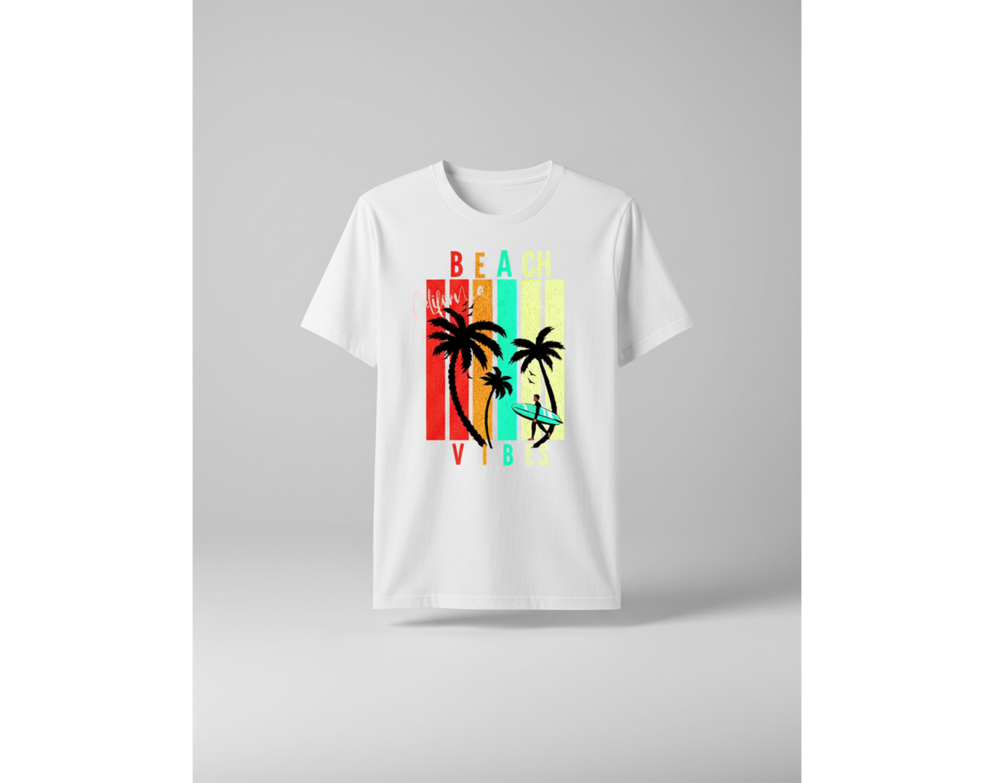White t-shirt with a colorful beach graphic on a gray background