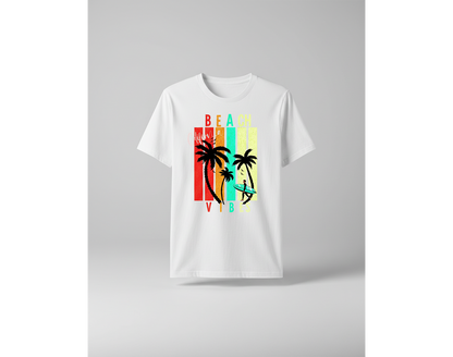 White t-shirt with a colorful beach graphic on a gray background