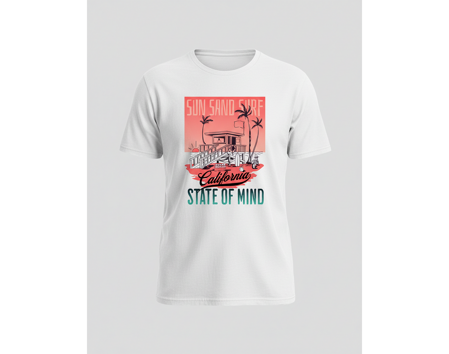 White t-shirt with a graphic design on a gray background