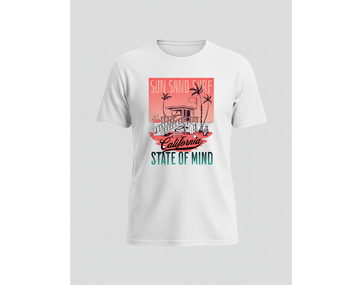 White t-shirt with a graphic design on a gray background