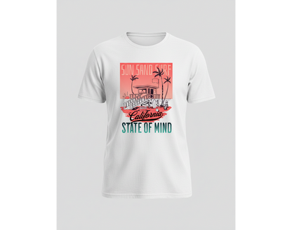 White t-shirt with a graphic design on a gray background