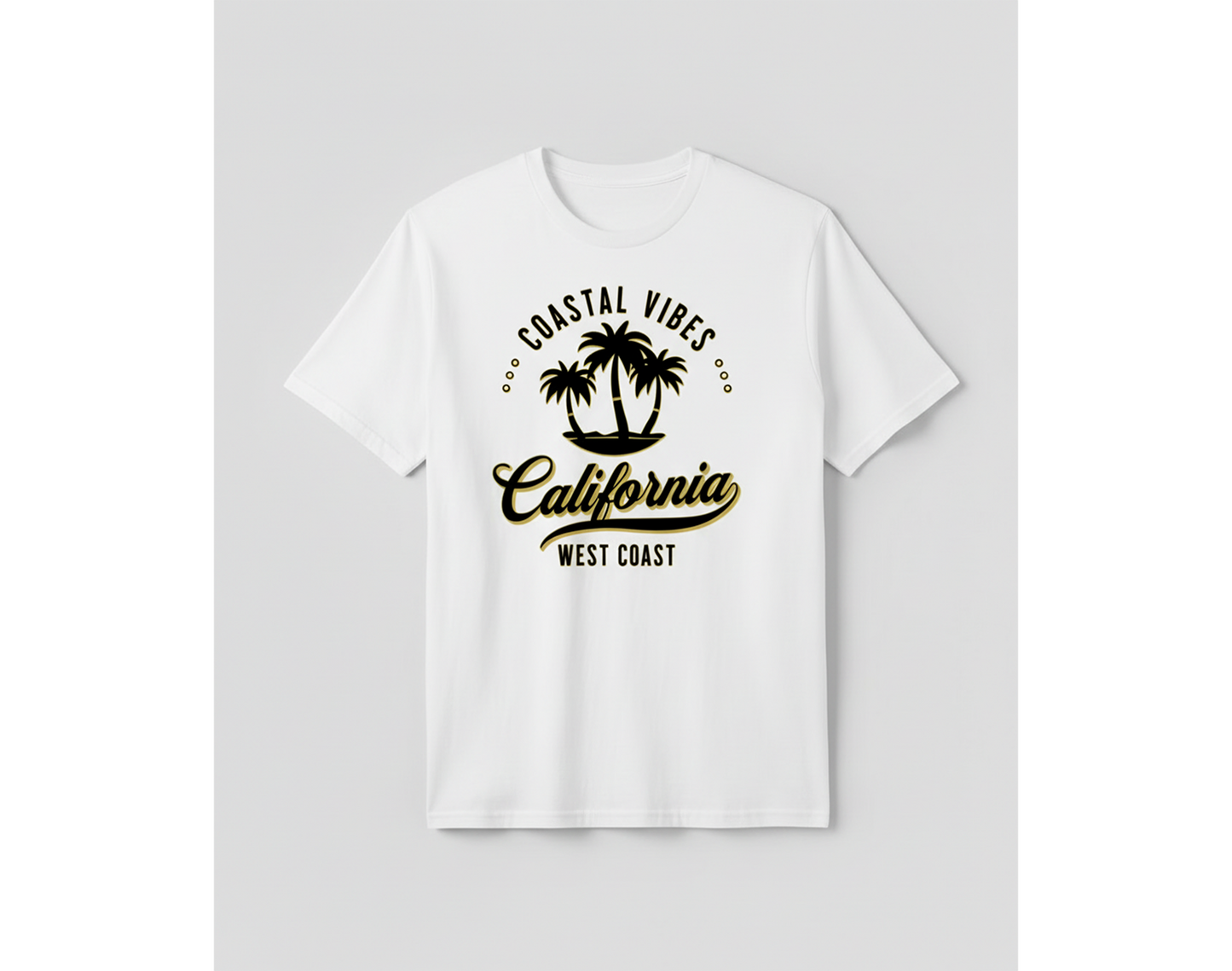 White t-shirt with 'Coastal Vibes California West Coast' print on a light gray background