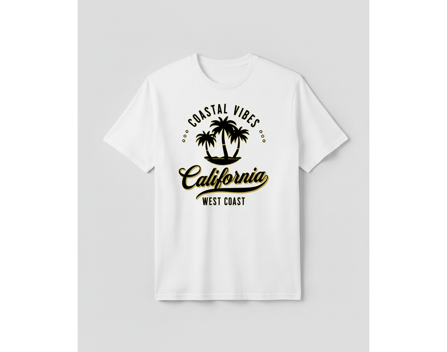 White t-shirt with 'Coastal Vibes California West Coast' print on a light gray background