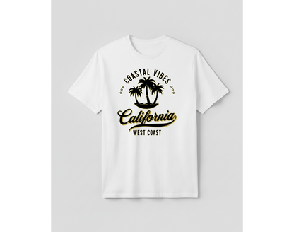 White t-shirt with 'Coastal Vibes California West Coast' print on a light gray background