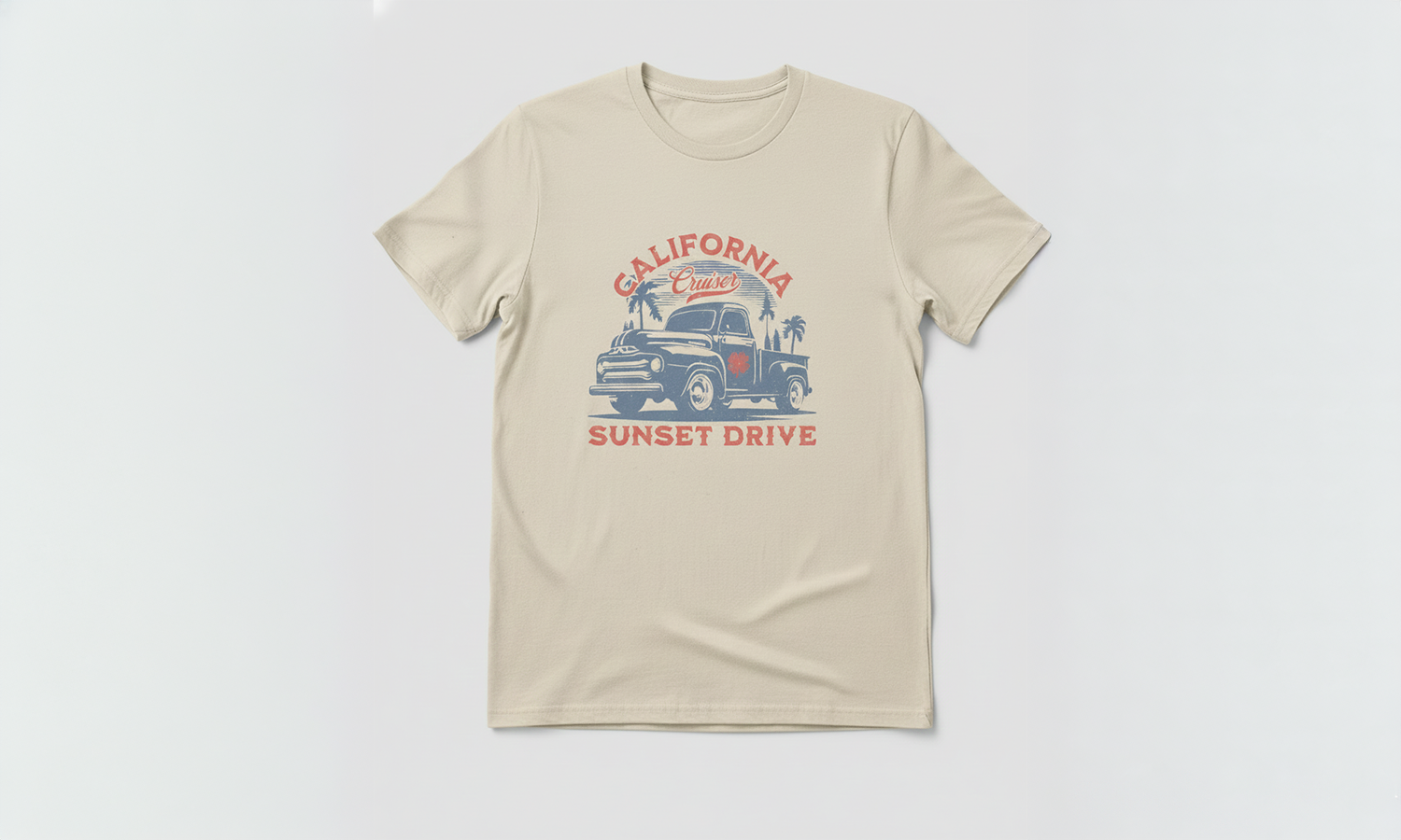 Beige t-shirt with graphic design on a white background