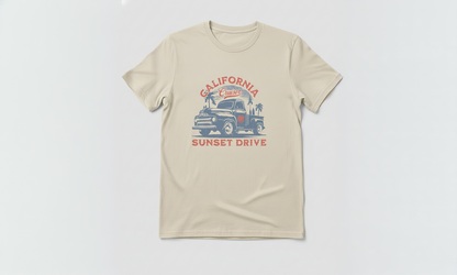 Beige t-shirt with graphic design on a white background