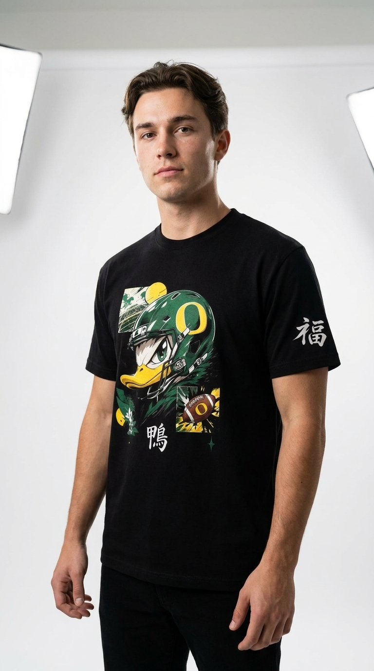 A man wearing a black short-sleeve graphic t-shirt with a green and yellow duck mascot design on the front and white characters on the sleeve, standing against a white studio background.
