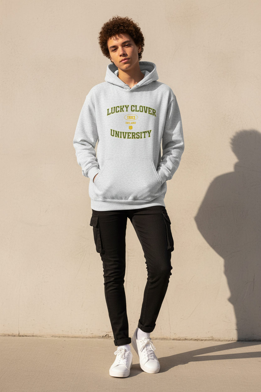 Model wearing ash gray Lucky Clover University hoodie