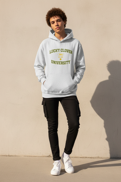 Model wearing ash gray Lucky Clover University hoodie