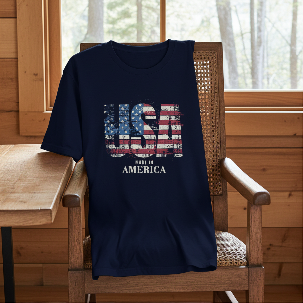 Navy blue t-shirt with 'Made in America' text on a wooden chair.