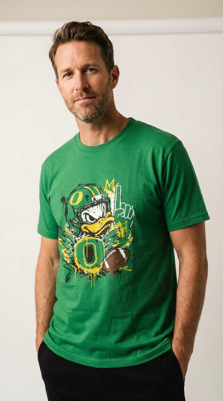 A man wearing a green Oregon Ducks graphic t-shirt with a cartoon duck and football design on the front, paired with black pants, standing against a plain light background.